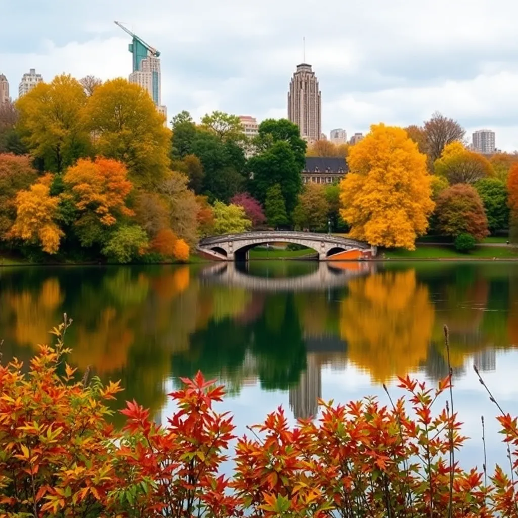 Central Park in autumn with colorful trees reflecting in The Lake and Bow Bridge in background